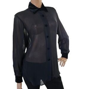 Ninety Vintage Classic Little Black Blouse Sheer Velour Accents Sz M